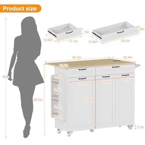 Rolling Kitchen Island with Power Outlet & Drop Leaf, Trash Storage Cabinet, Spice Rack & Towel Rack, Knife Holder S296330