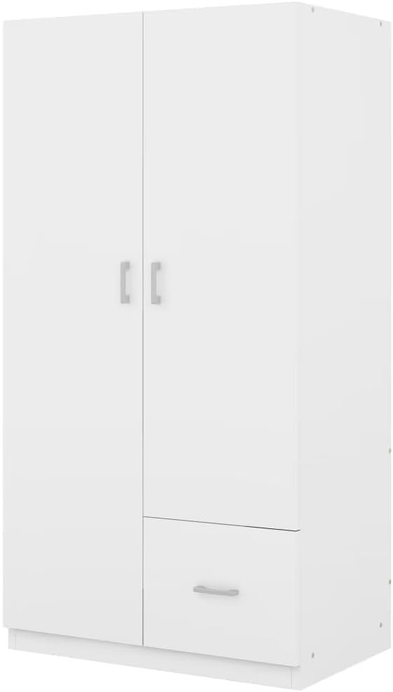 White 2 Door Wood Wardrobe with 5 Fixed Shelves and Hanging Rod N105217