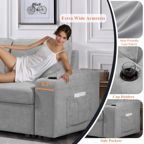 92" Reversible Sleeper Sectional Sofa with Storage Chaise, Light Gray Linen Fabric E706418