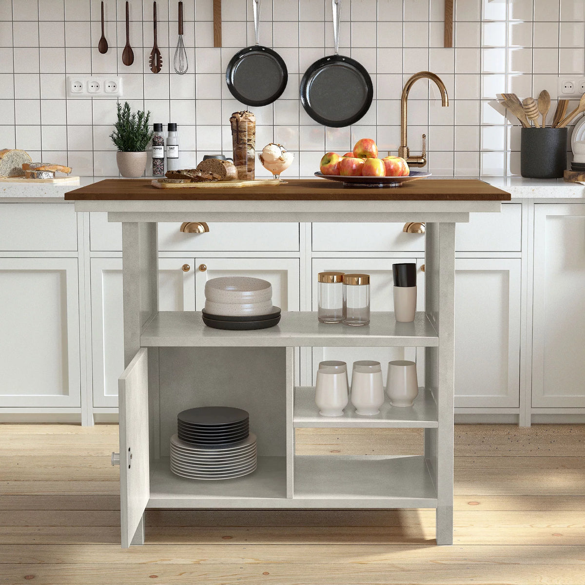 3-Piece Counter Height Wooden Dining Table Set with Storage Cabinet L5908