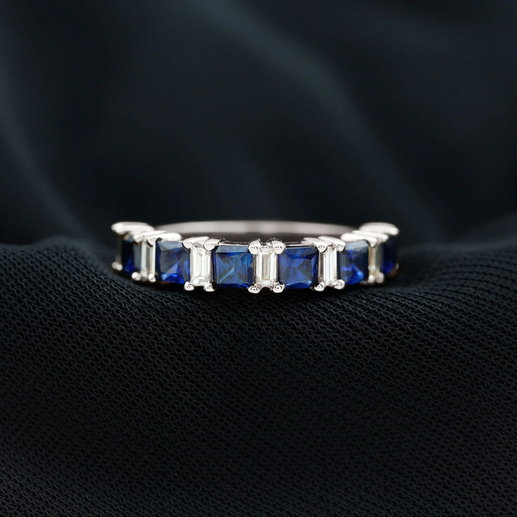 Lab Created Blue Sapphire Half Eternity Ring with Diamond - 2 CT, 14K White Gold, US 6.00 I374