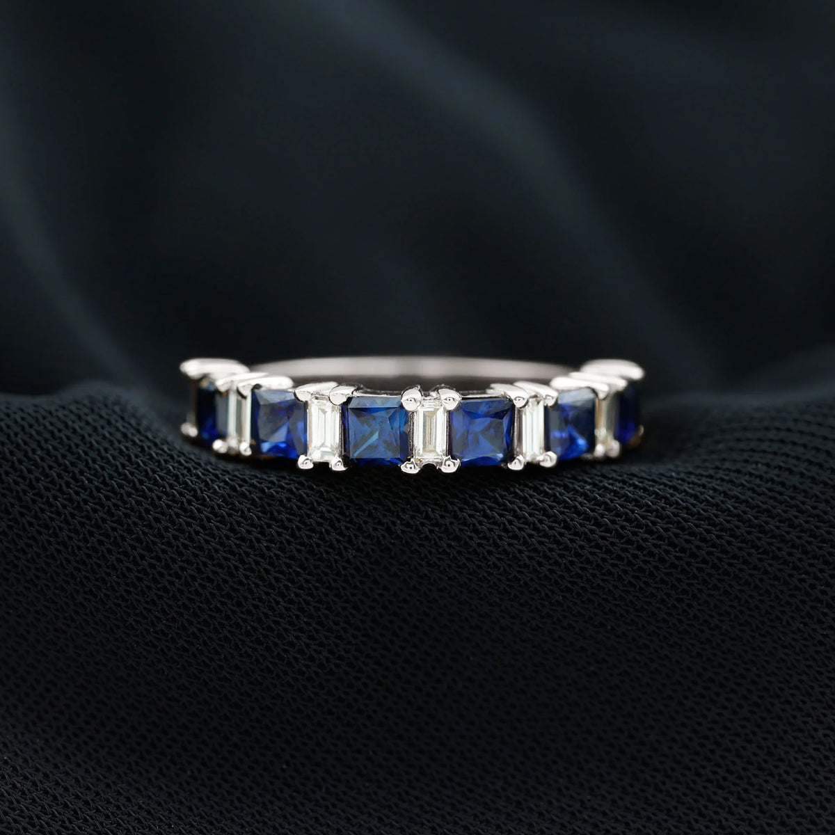 Lab Created Blue Sapphire Half Eternity Ring with Diamond - 2 CT, 14K White Gold, US 6.00 I374