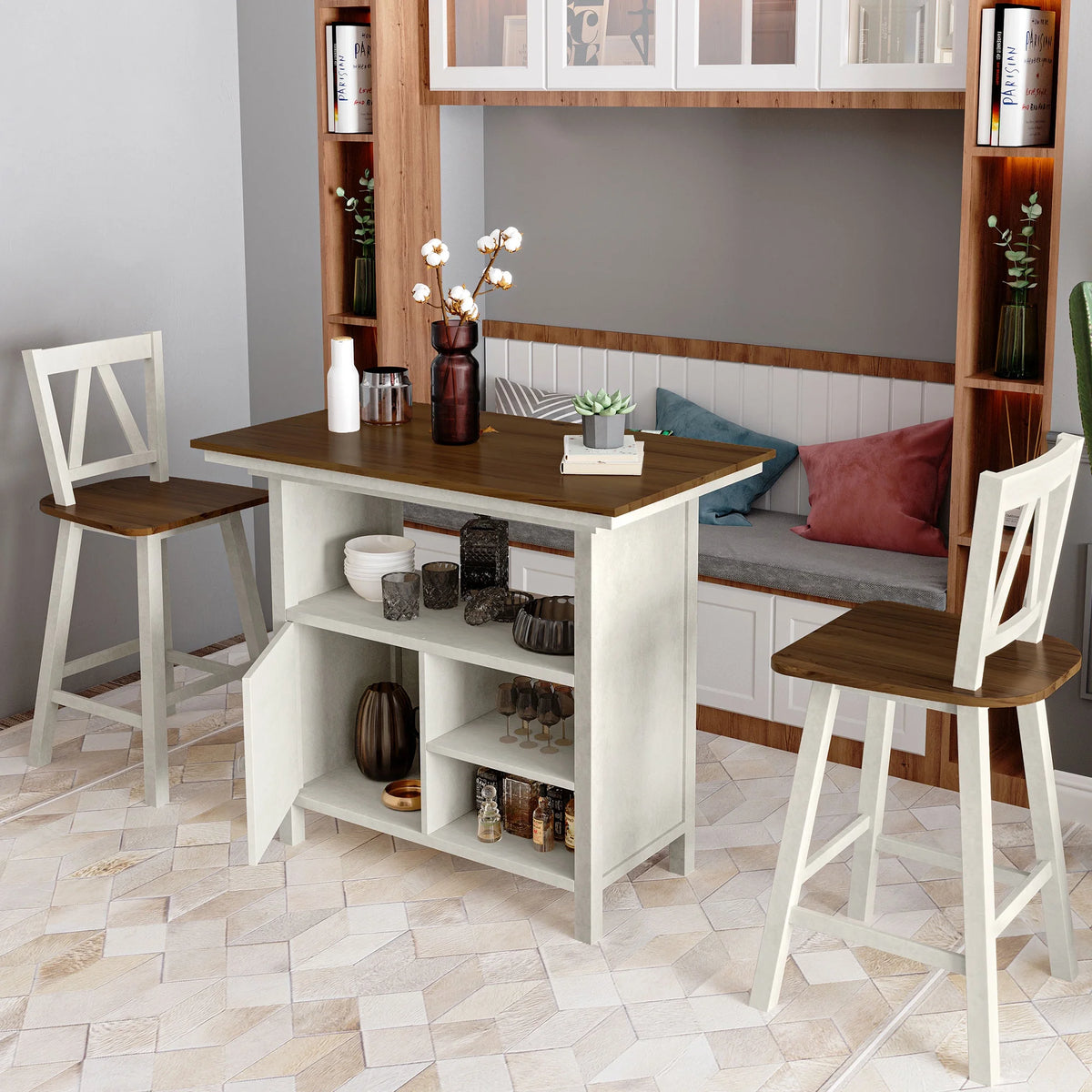 3-Piece Counter Height Wooden Dining Table Set with Storage Cabinet L5908