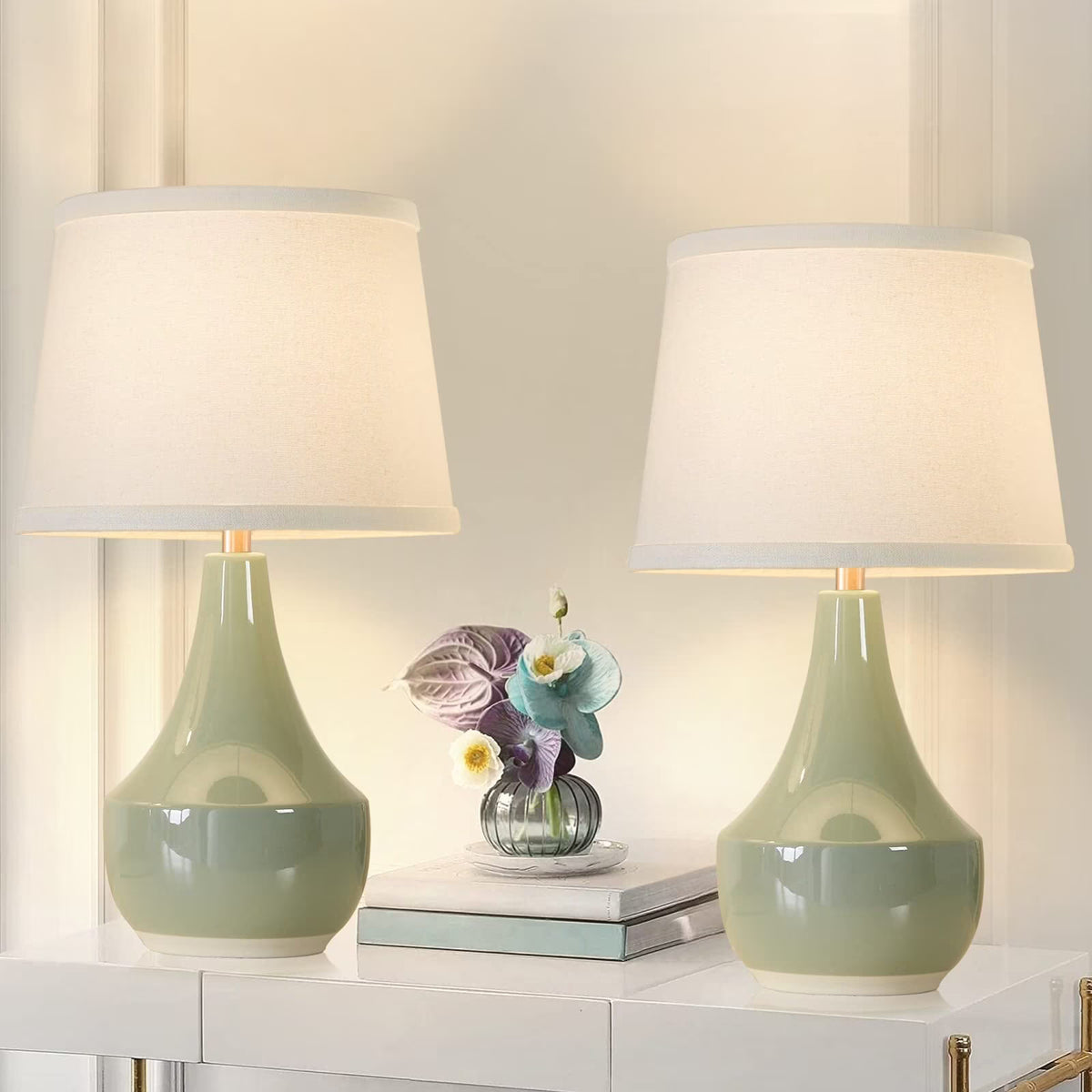 Sage Green Ceramic Table Lamp Set of 2 with Rocker Switch R48882