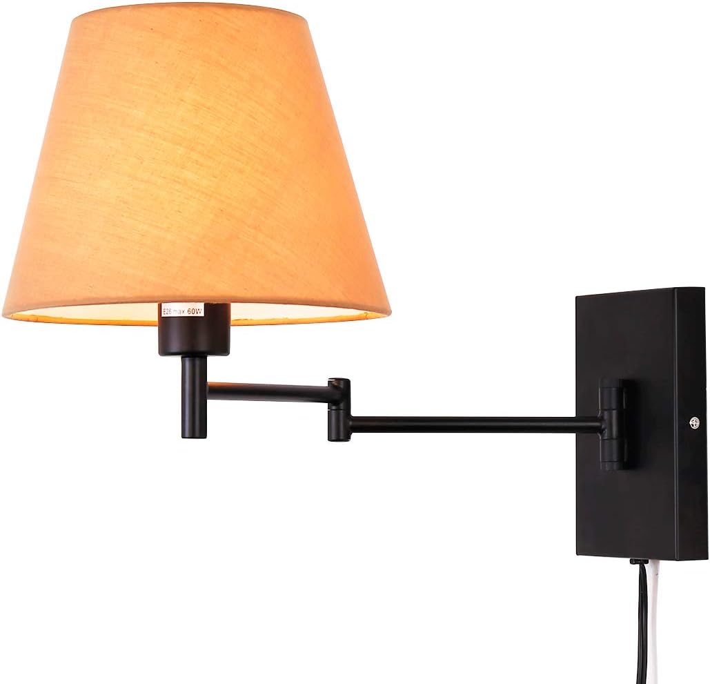 Swing Arm Wall Lamp Plug-in Cord Linen Shade E538
