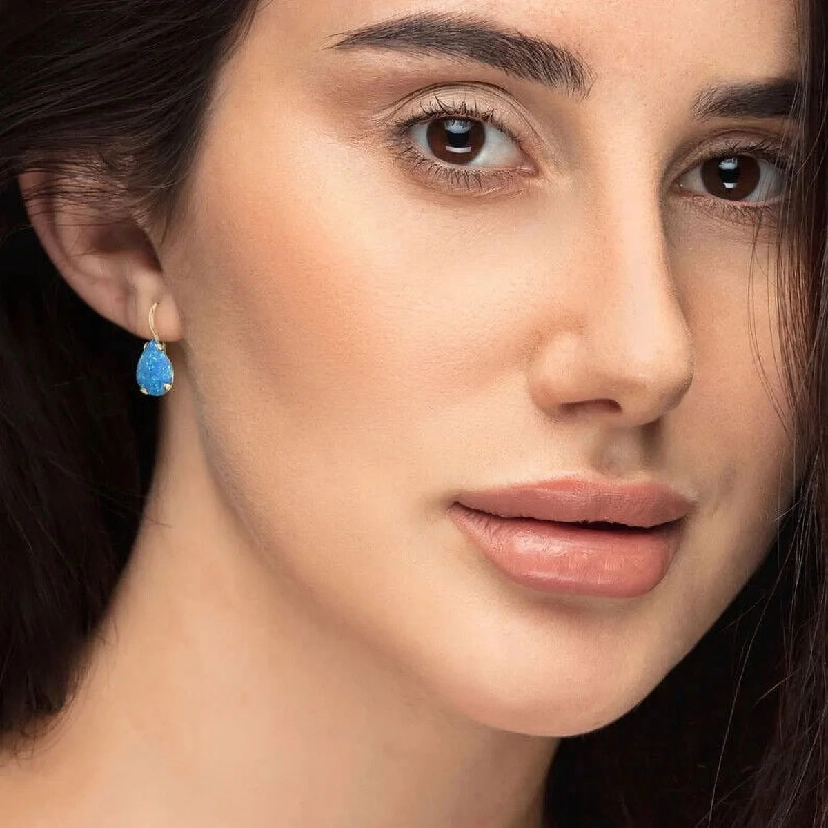 14K Yellow Gold Pear Cut Blue Opal Gemstone Teardrop Earrings Z78036