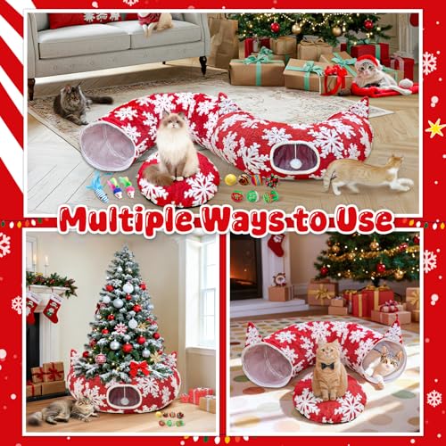Red Snowflake Cat Tunnel with Washable Mat & 11Pcs Cat Toys H155