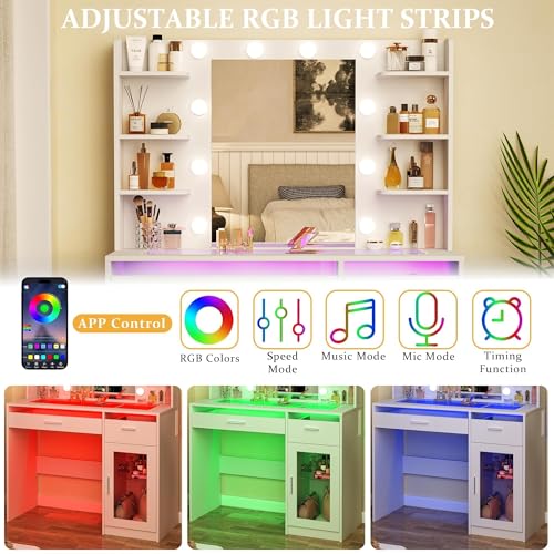 White Vanity Desk with Mirror and Lights W82081