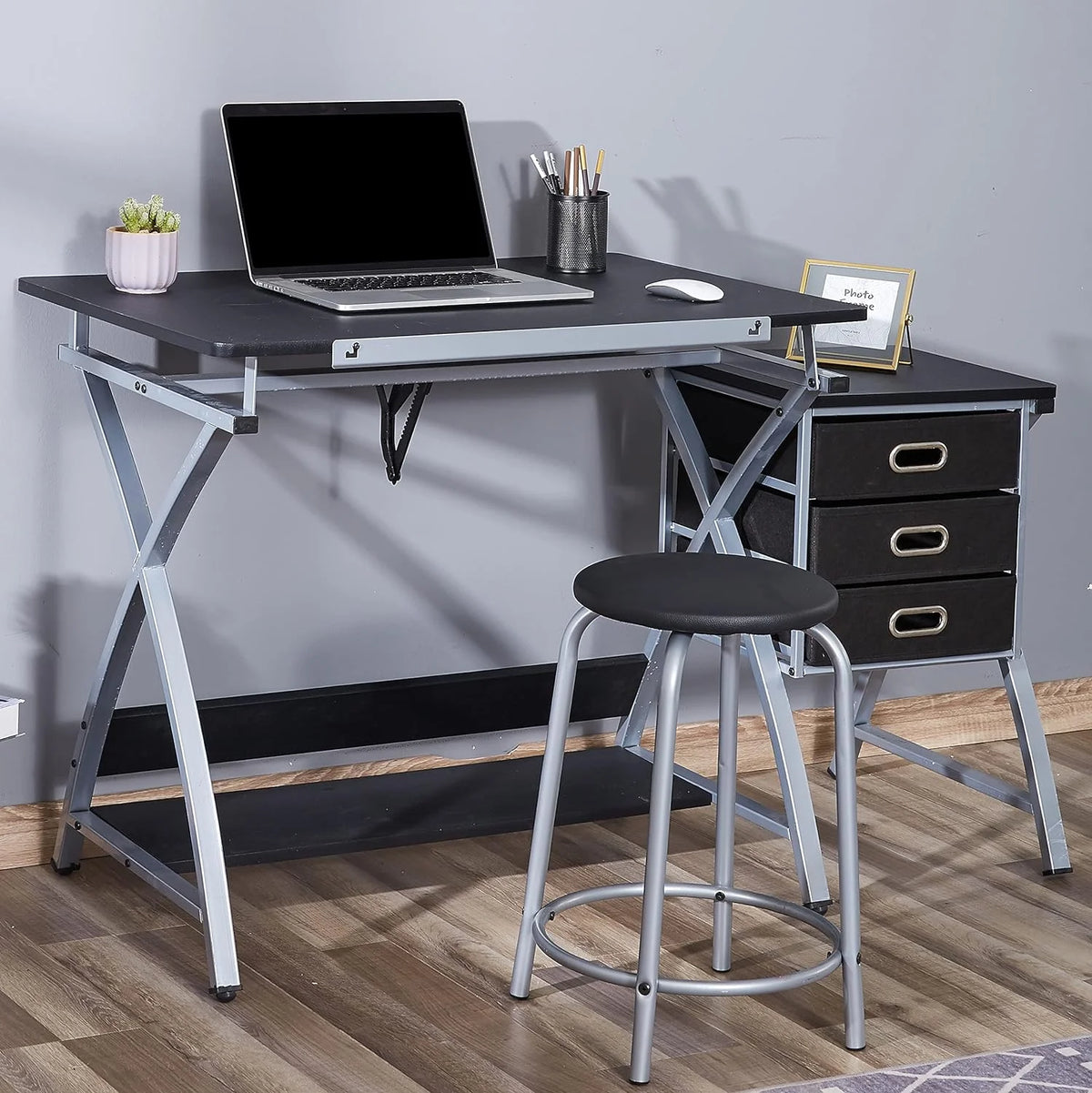 Adjustable Drafting Table with Stool and Storage Drawers, Black U1712