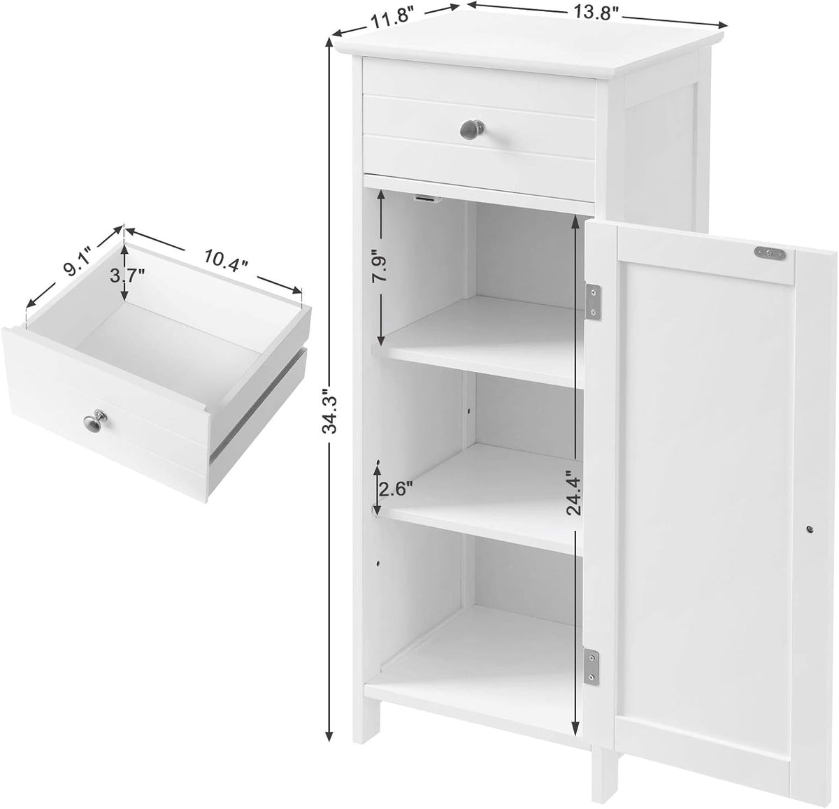 White Wooden Bathroom Floor Cabinet with Drawer and Adjustable Shelf T314