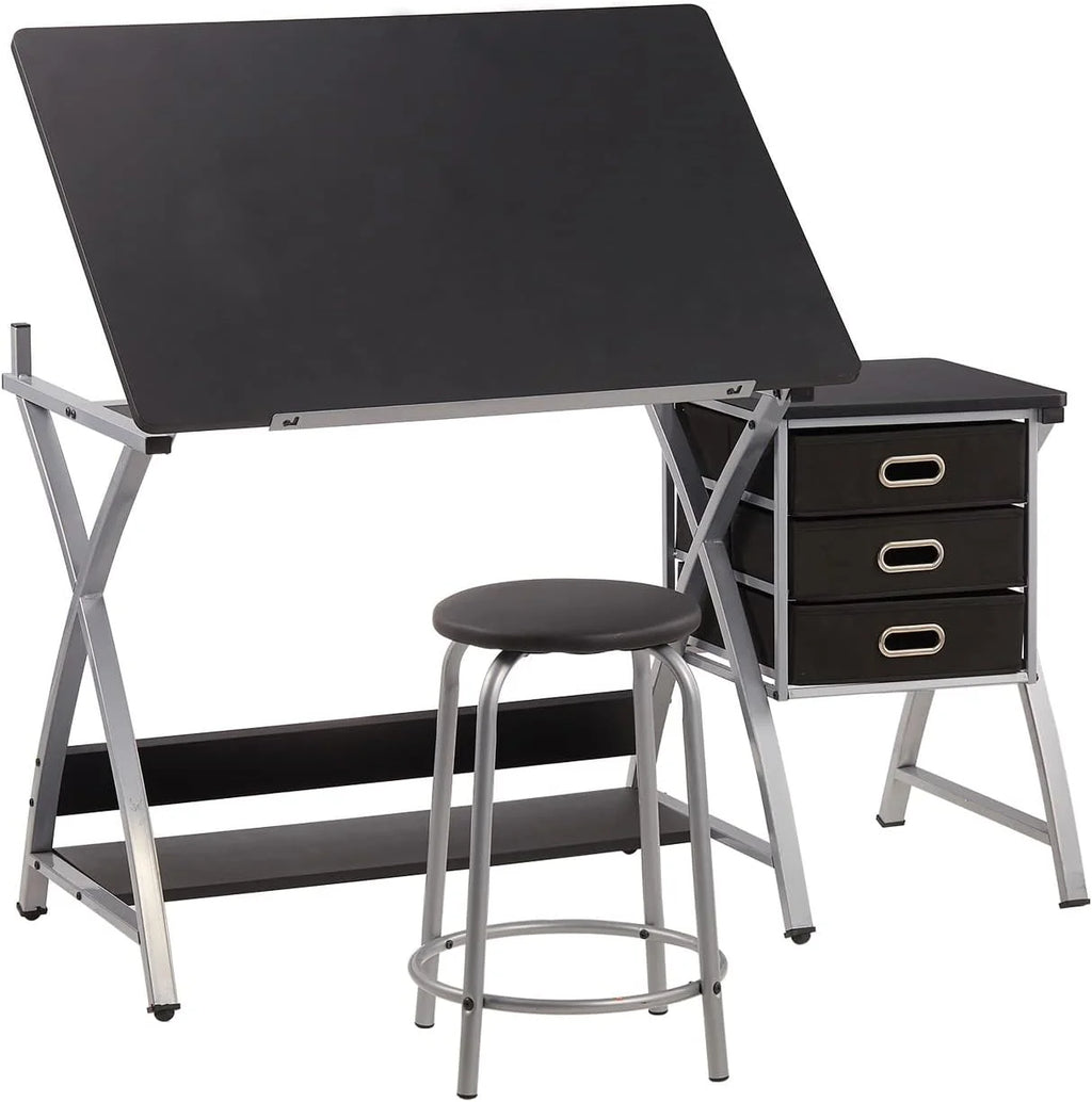 Adjustable Drafting Table with Stool and Storage Drawers, Black U1712