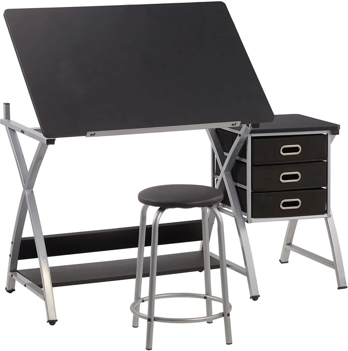Adjustable Drafting Table with Stool and Storage Drawers, Black U1712