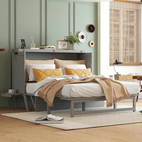 Queen Size Grey Murphy Bed with Charging Station and Drawers F67209
