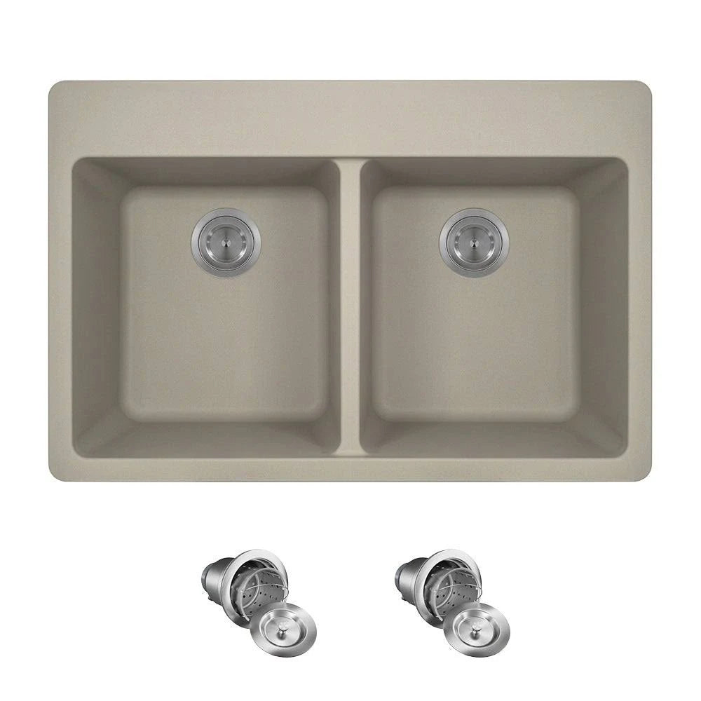 Quartz Granite Double Basin Drop-In Kitchen Sink with Basket Strainers U4902