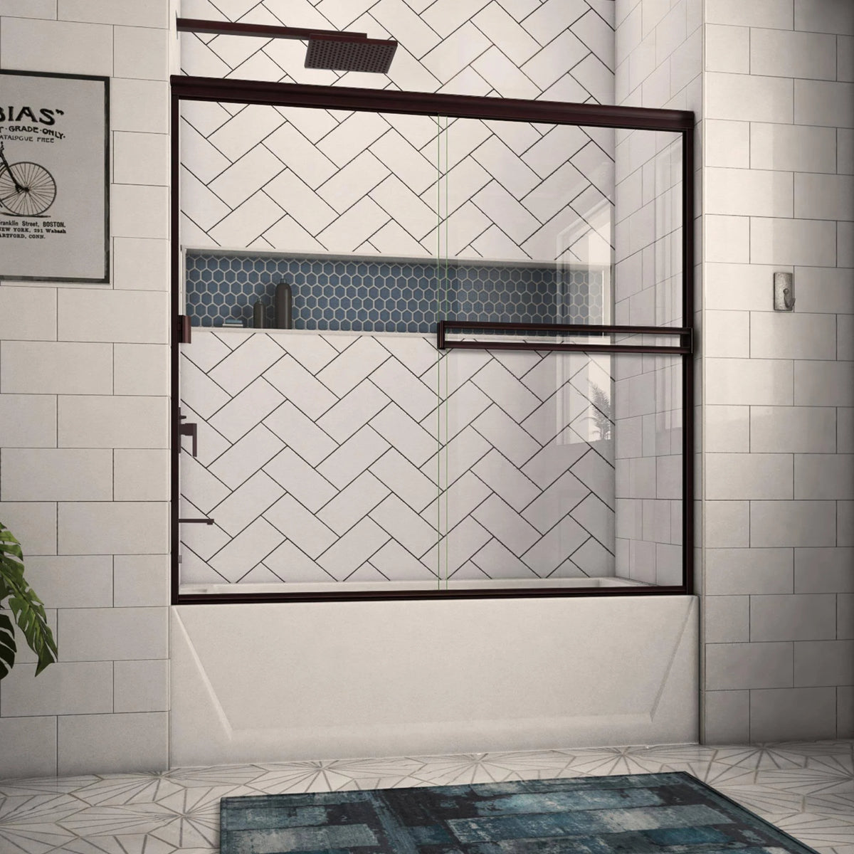 52-in to 56-in Frameless Oil-Rubbed Bronze Sliding Shower Door A753