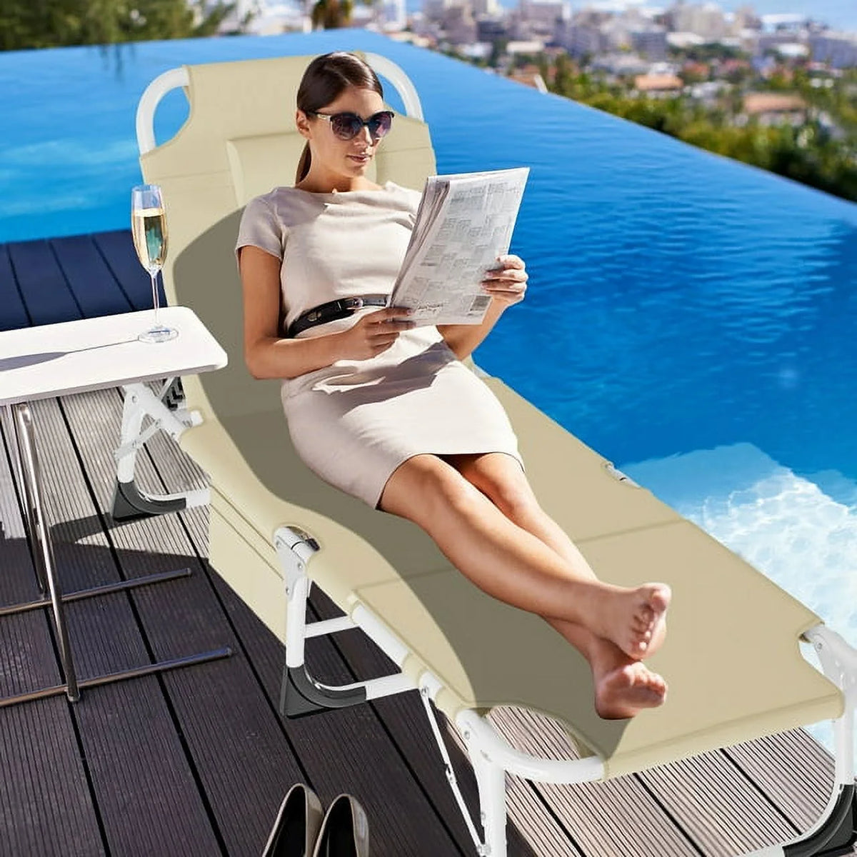 Heavy Duty Tanning Chair with Face & Arm Holes Adjustable 5-Position Folding Chaise Lounge Chair E182