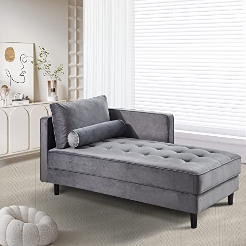 64" Upholstered Velvet Chaise Lounge with Left Armrest & Lumbar Pillow L356