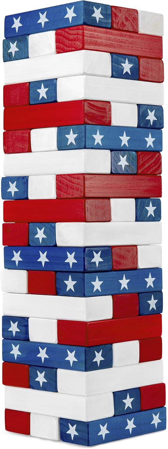 Large American Flag Tumbling Tower 54pc Wooden Toppling Blocks Stacking Yard Game with Storage Carry Bag G971