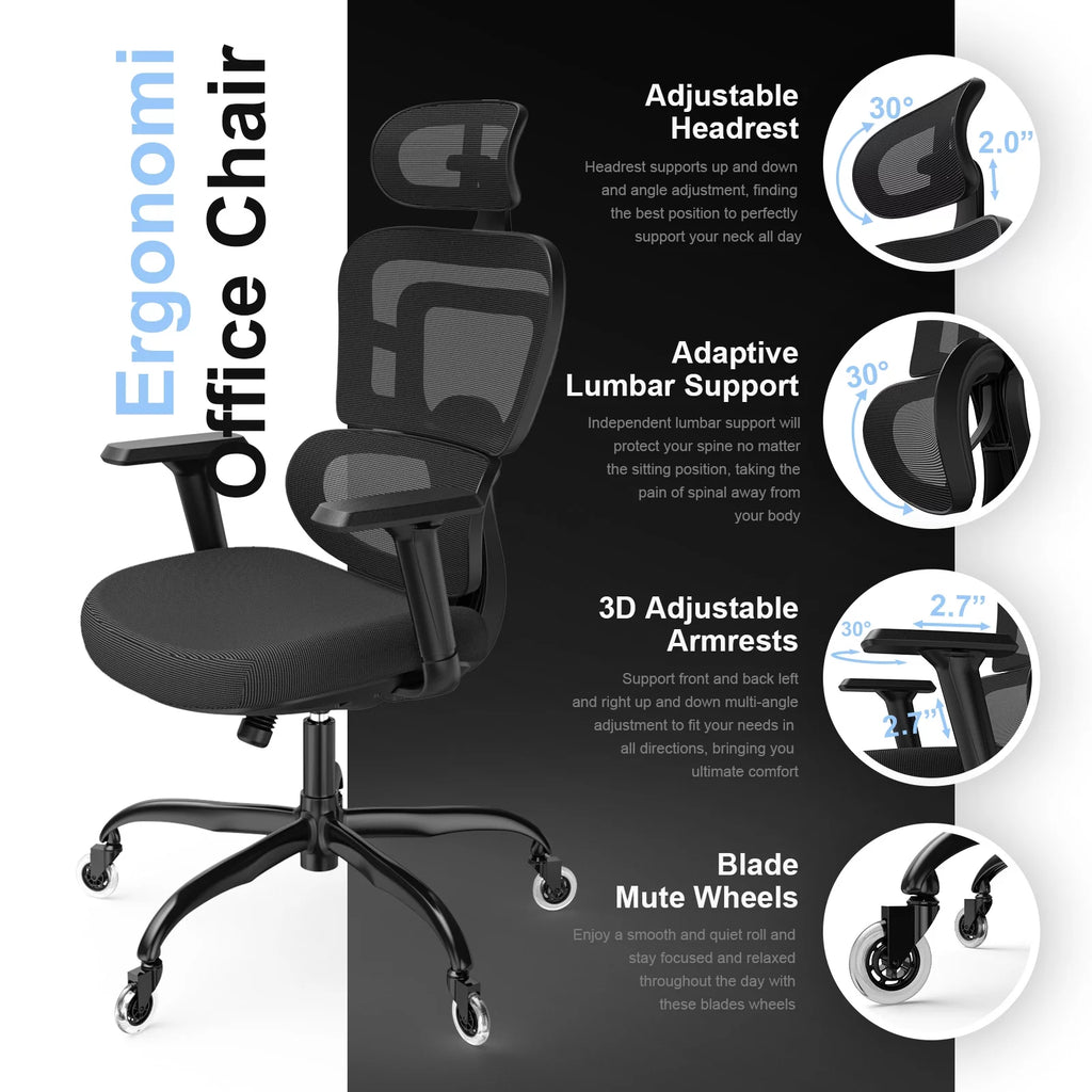 Black Ergonomic Mesh Office Chair with Lumbar Support and Wheels L3038