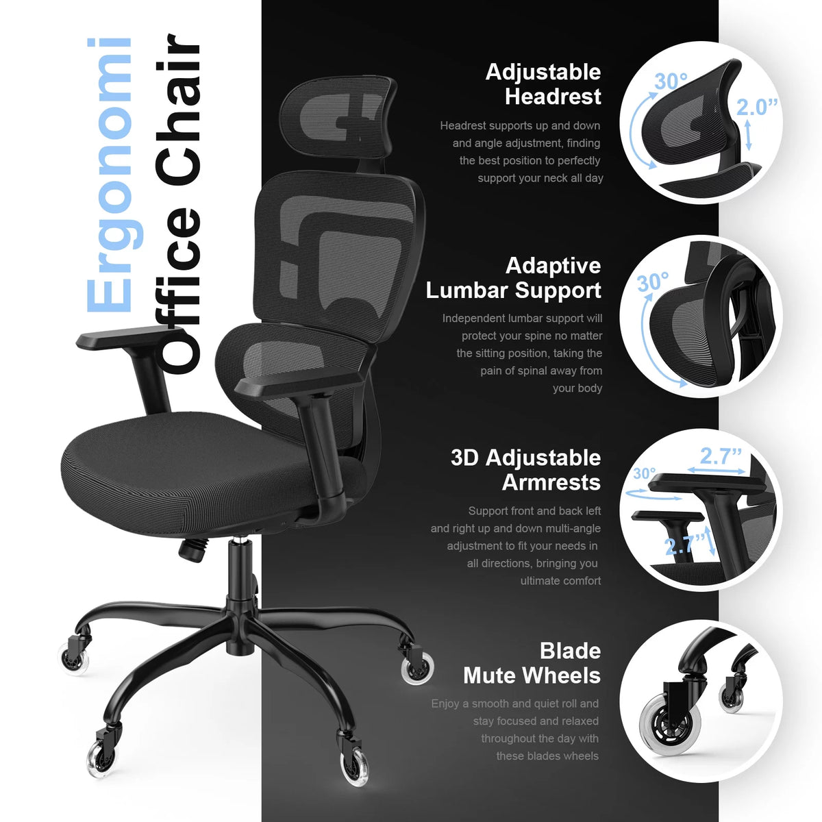 Black Ergonomic Mesh Office Chair with Lumbar Support and Wheels L3038