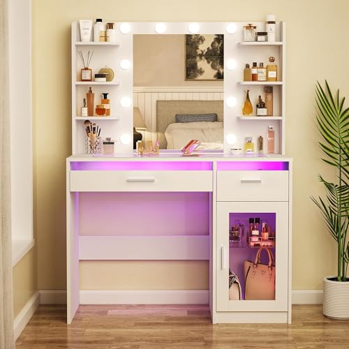 White Vanity Desk with Mirror and Lights W82081