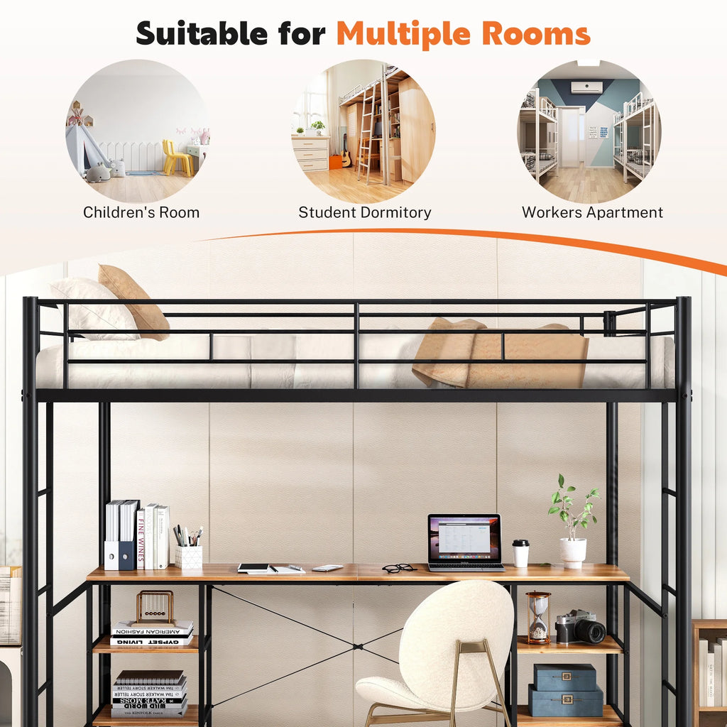 Black Twin Metal Loft Bed with Desk and 4 Shelves P586