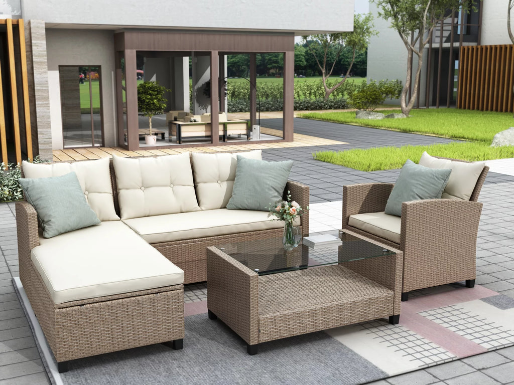 Beige Brown 4 Piece Wicker Rattan Sectional Sofa W695679