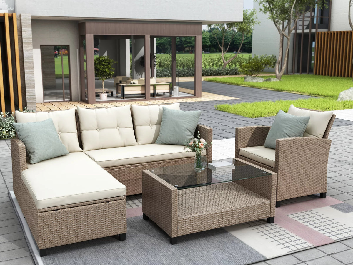 Beige Brown 4 Piece Wicker Rattan Sectional Sofa W695679