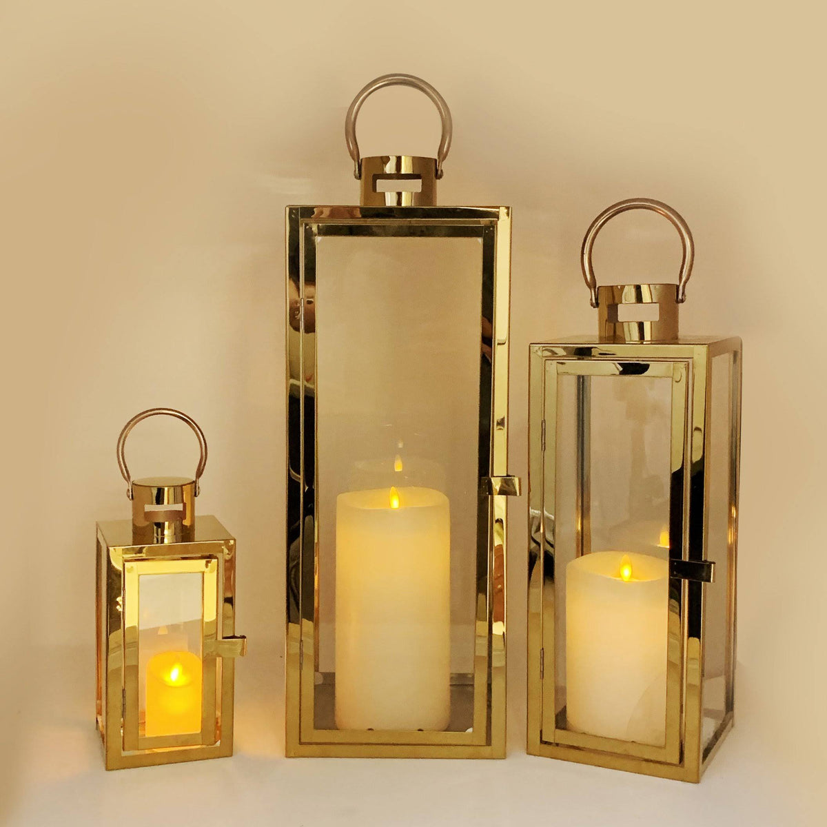 3-Pc Set Jumbo Indoor/Outdoor Candle Lantern Set with Tempered Glass O100