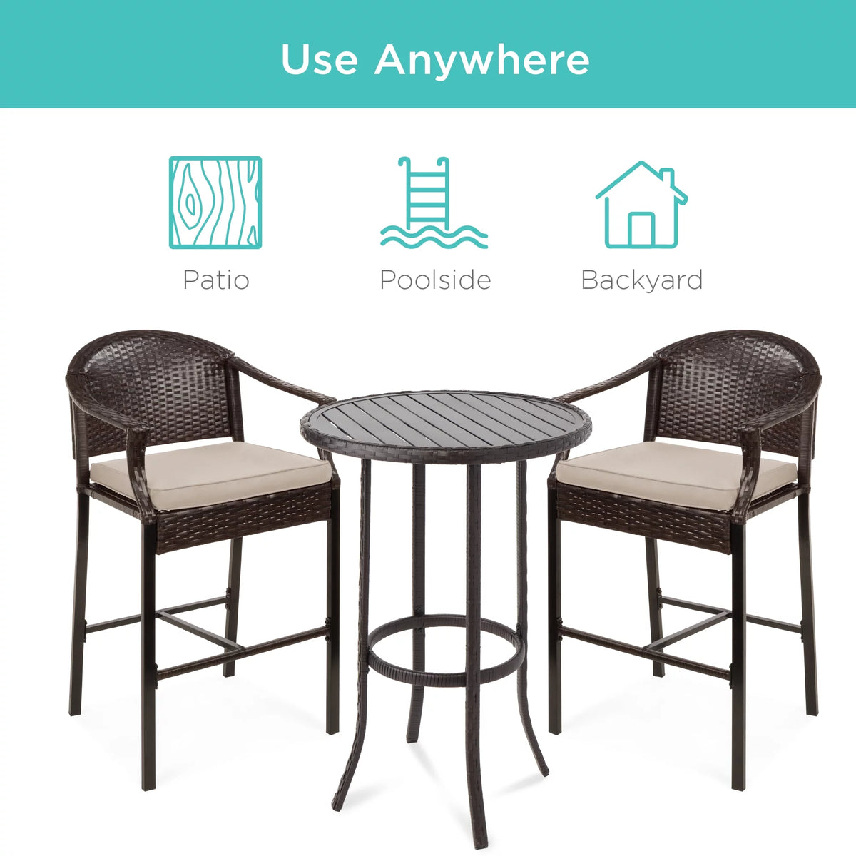 3-Piece Outdoor Wicker Patio Bar Table Bistro Set with Barstools N507