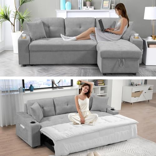 92" Reversible Sleeper Sectional Sofa with Storage Chaise, Light Gray Linen Fabric E706418