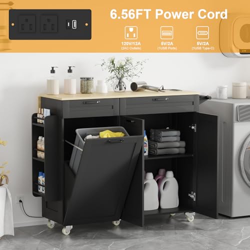 Rolling Kitchen Island with Power Outlet & Drop Leaf, Trash Storage Cabinet, Spice Rack & Towel Rack, Knife Holder S296330