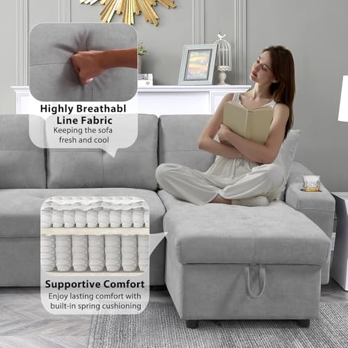 92" Reversible Sleeper Sectional Sofa with Storage Chaise, Light Gray Linen Fabric E706418