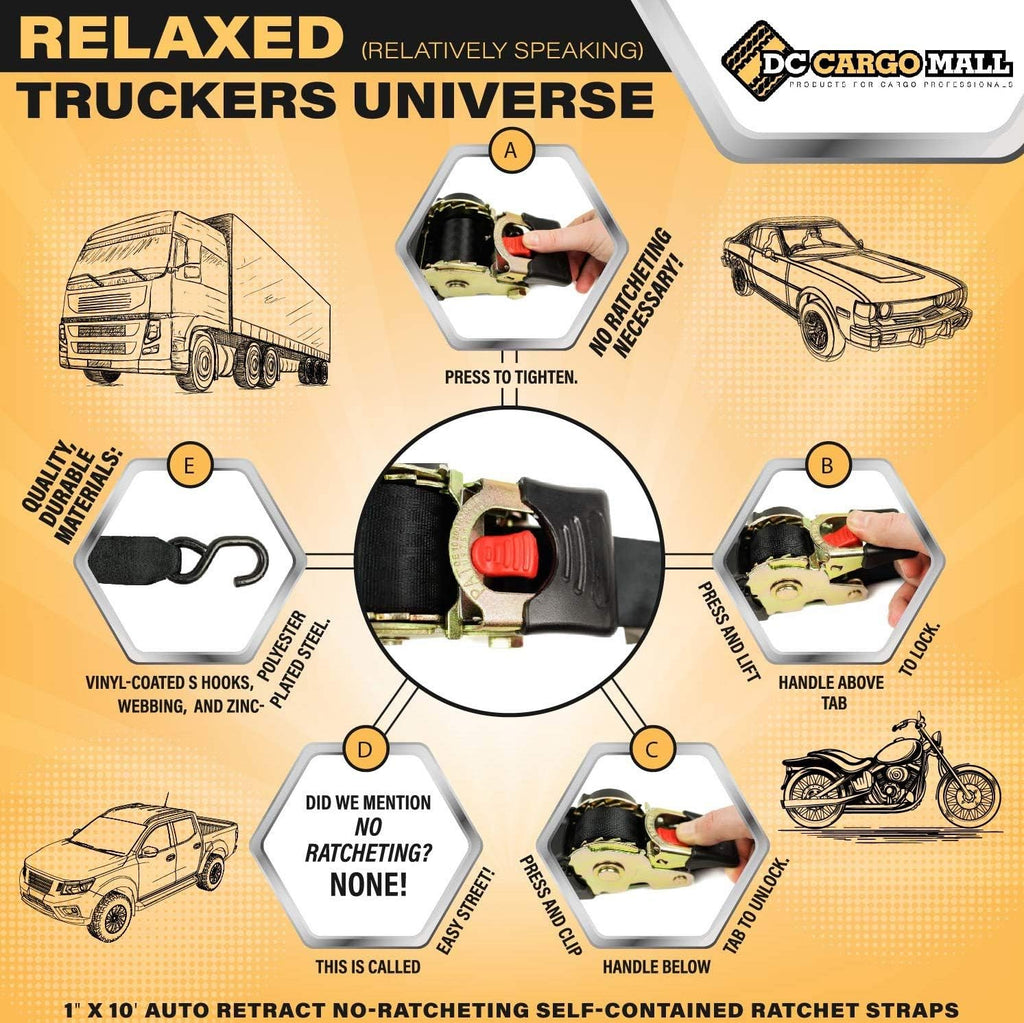2 Auto Retract Ratchet Straps 1 x 10' Retractable Cargo Tie-Downs K8144