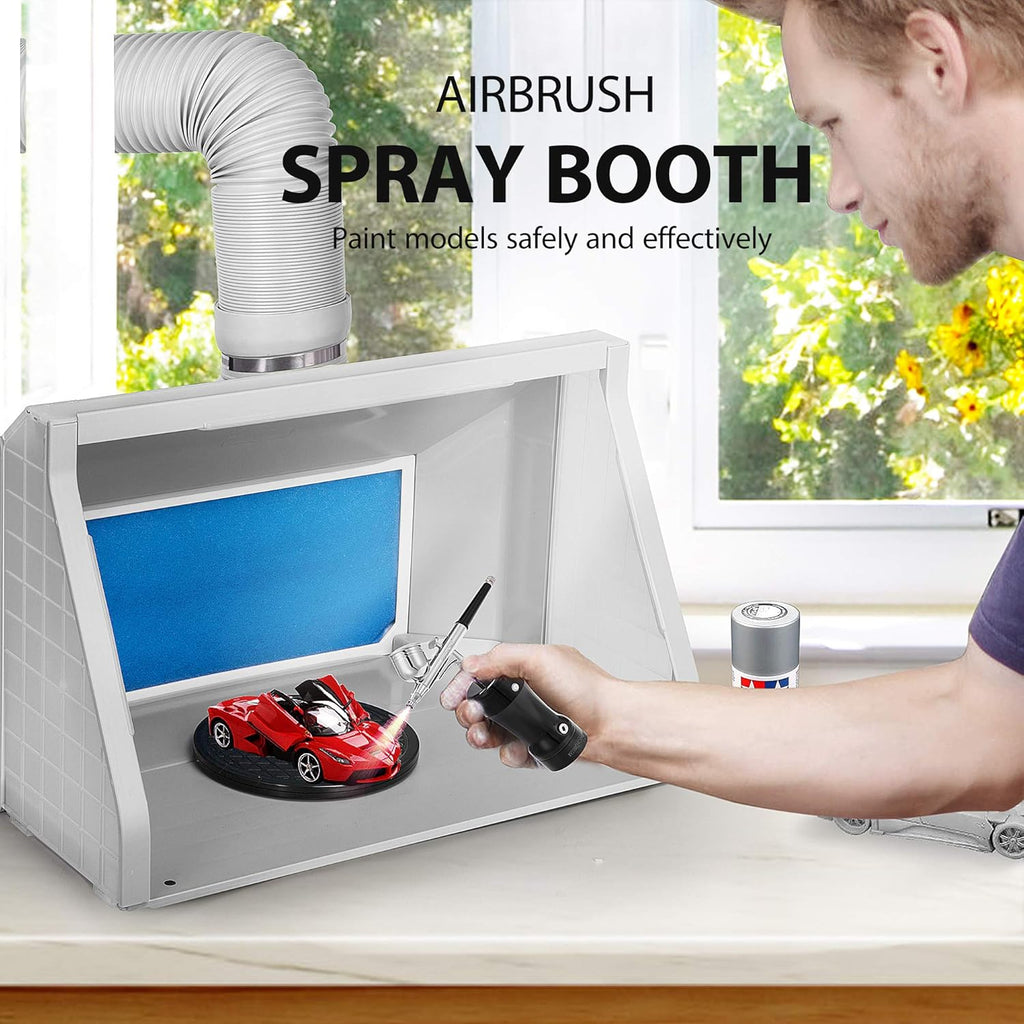 Gray Portable Airbrush Paint Spray Booth Kit with LED Lights Turn Table and Filter Hose O6767