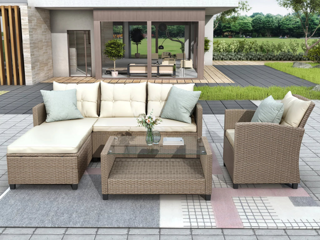 Beige Brown 4 Piece Wicker Rattan Sectional Sofa W695679