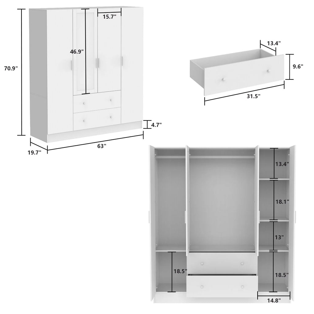 White 4 Door 2 Drawer Wooden Wardrobe with Mirror R52114