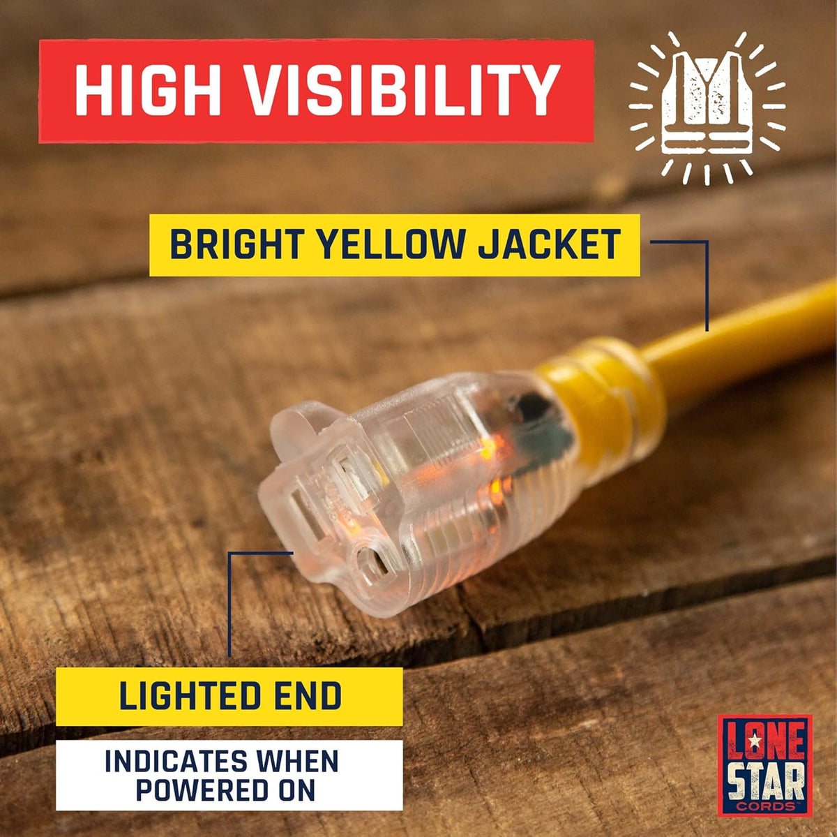 100 Foot 10/3 SJTW Lighted Extension Cord Yellow 3 Prong Grounded Plug 10 Gauge Pack of 2 N99894