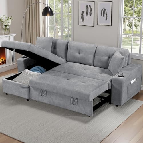 92" Reversible Sleeper Sectional Sofa with Storage Chaise, Light Gray Linen Fabric E706418