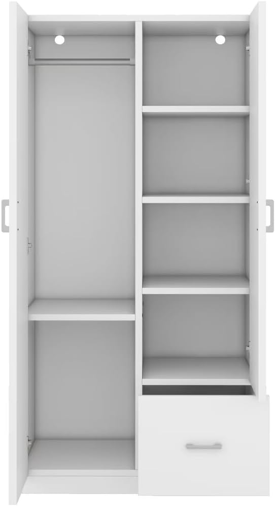 White 2 Door Wood Wardrobe with 5 Fixed Shelves and Hanging Rod N105217