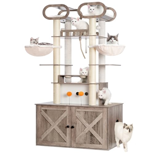 76.8-inch Wooden Cat Tree with Litter Box Enclosure and Scratching Post M619