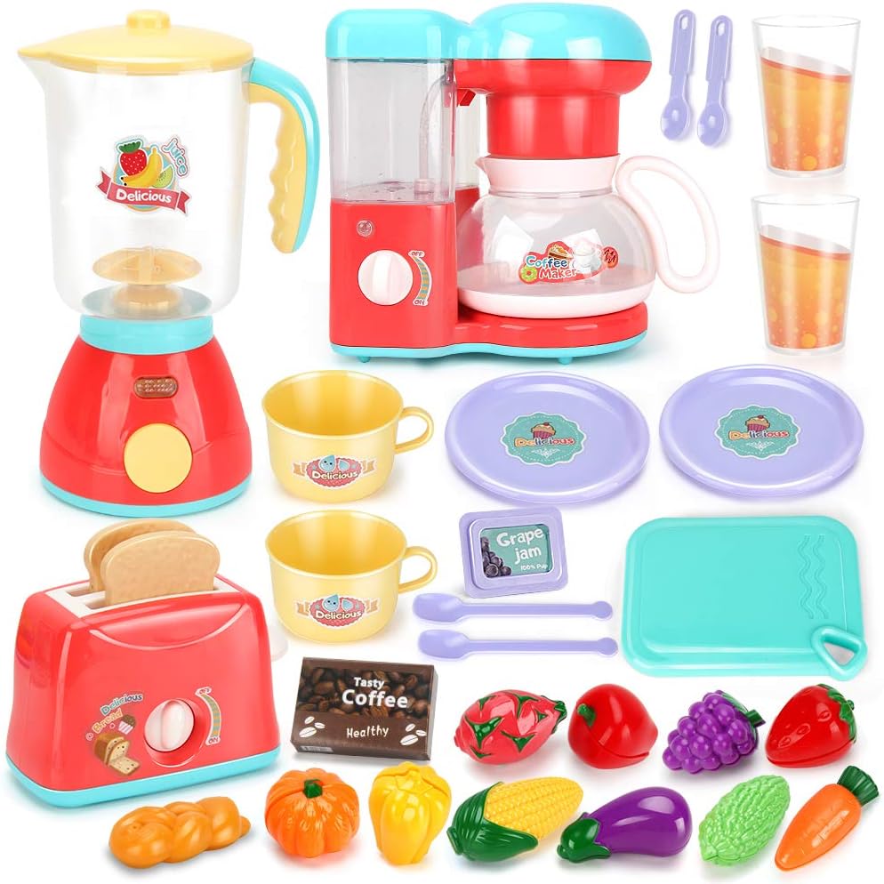 Kids Assorted Kitchen Appliance Toys, Pretend Kitchen Toy Set Includes Coffee Maker, Blender and Toaster, Cutting Play Food and Kitchen Utensils Accessories K660