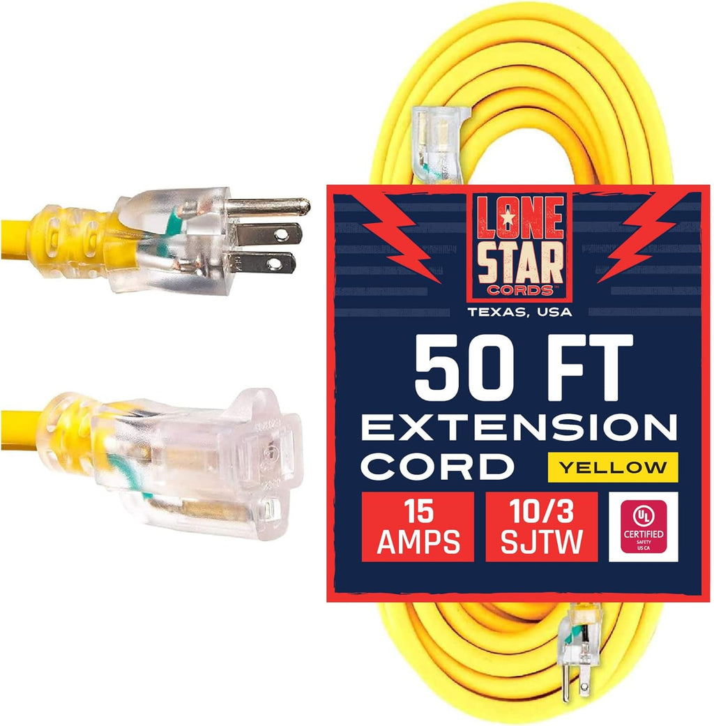 100 Foot 10/3 SJTW Lighted Extension Cord Yellow 3 Prong Grounded Plug 10 Gauge Pack of 2 N99894