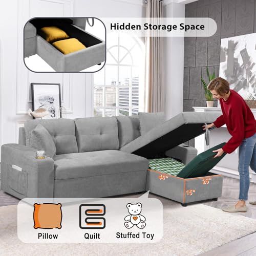 92" Reversible Sleeper Sectional Sofa with Storage Chaise, Light Gray Linen Fabric E706418