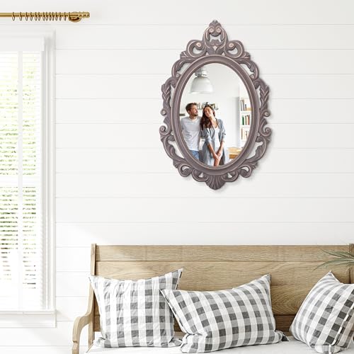 Oval Wooden Hanging Mirror Grey Carved Frame Wall Mirror 24"x16" D3189
