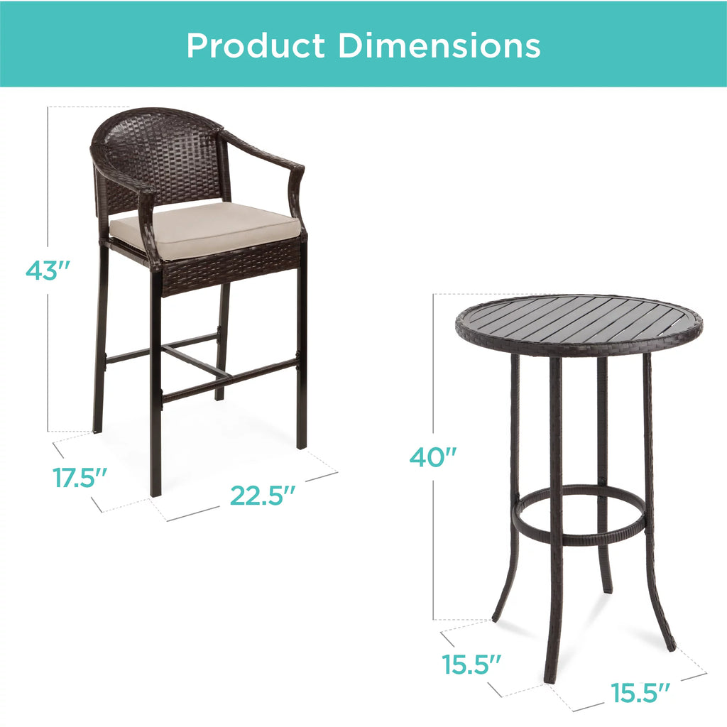 3-Piece Outdoor Wicker Patio Bar Table Bistro Set with Barstools N507