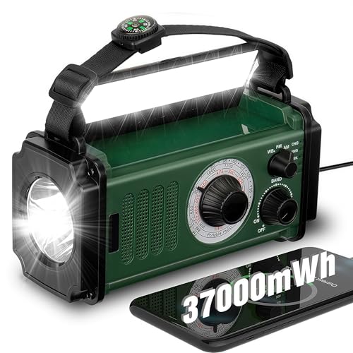 37000mWh Hand Crank Solar NOAA AM FM Weather Radio with Flashlight Reading Lamp SOS Alarm Compass Power Bank E87791