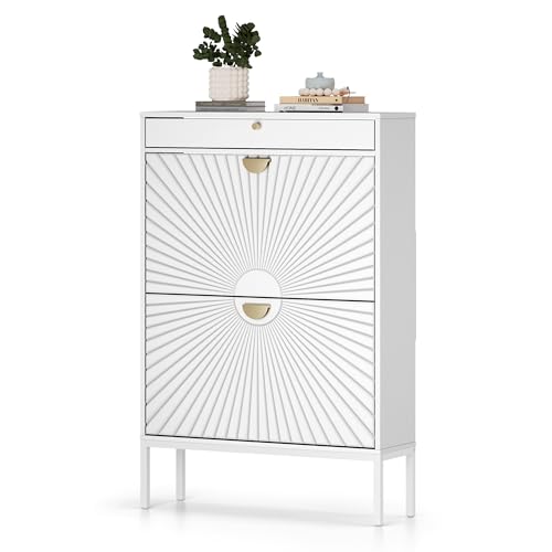 White Shoe Cabinet with 2 Drawers and Adjustable Shelf W34047