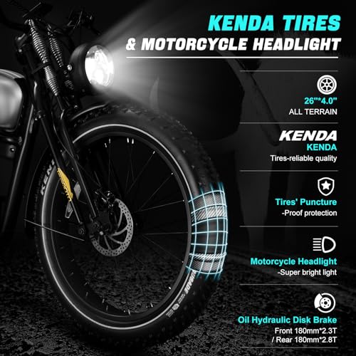 Electric Motorcycle 1500W Motor 52V 20AH 34MPH 75Mils Retro Style Moped Ebike 26"x4.0" Fat Tire Dual Hydraulic Full Suspension U62601