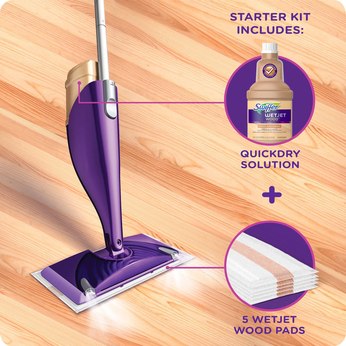Wood Mop Starter Kit (1 Mop, 5 Pads, 1 Floor Cleaning Solution) Z591086